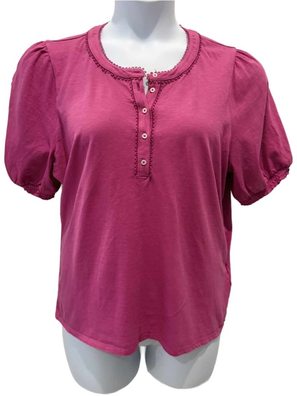 J. Crew Raspberry Pink Puff-Sleeve Henley Top XL
